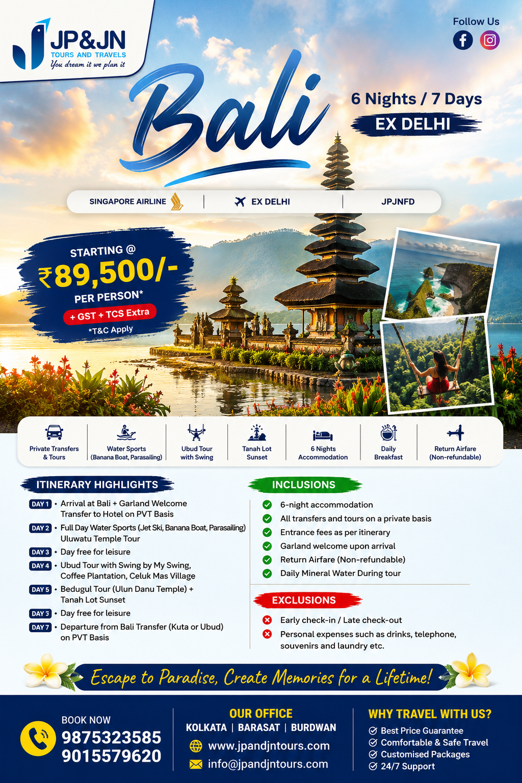 Bali 6 Nights / 7 Days Group Departure from Delhi | Singapore Airlines | From ₹89,500